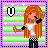 Pixel art character with long orange hair, white crop top, black checkered pants, and black arm sleeves stands against striped background with heart symbol.