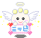Pixelated angel icon with yellow halo, white wings, and pink heart props holding a sign with blue symbols on gray background.