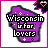 Purple Wisconsin-shaped icon with 'Wisconsin is for Lovers' text, white stars on purple background, pink border, and black heart-shaped pixel art in top-right corner.