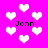 Pixelated pink background with white heart shapes and four instances of the text 'John' in black pixel font.