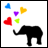 Black elephant silhouette with six pixelated hearts in blue, purple, red, green, and yellow floating above it on white background.