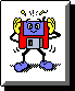 Pixelated robot with blue head, red body, and blue feet stands on gray background with yellow hands raised and small yellow sparks above head.
