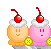 Pixel art of two cherry-topped desserts with facial expressions, one orange and one pink, holding kiwi slices against a gray background.