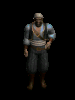 Animated character in blue-gray outfit with brown boots and light-colored cap, standing against black background.