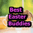 Two brown rabbits in white cups with orange accents sit on a table against green foliage, one frame shows pink text overlay.