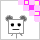 Pixelated character with square head, two dark ears, and flat mouth; pink and yellow checkered pattern shifts across top-right corner.