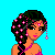 Pixel-art cartoon doll with dark green hair adorned with pink flowers, wearing a pink crop top and purple pants, standing against a cyan background with pink text elements.