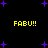 Black background with scattered purple plus-shaped stars and four instances of yellow text reading FABU!! in a pattern