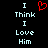 A pixelated image with light blue text on black background displaying 'I Think I Love Him' and a red heart symbol.