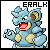 Pixel art of a blue Pokémon-like creature with brown accents and red mouth, positioned below the word 'ERALK' on a white background.