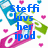 Pixelated graphic with blue text reading 'steffi loves her ipod' over a white background with pink hearts and blue-green swirls.