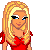 Animated contact sheet of a pixel art character with blonde hair, red top, and blue jeans showing multiple expressions and poses across 10 frames including full-body views, close-ups, and symbol icons.