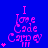 A blue background displays a pink pixelated text pyramid reading "I Love Code Camp" with varying numbers of stars on the left side across frames.
