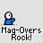 Pixelated blue and white character icon with 'Mag-Overs Rock!' text below, showing multiple poses including standing, leaning, and lying down across frames.