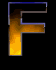 A vertical stack of three identical 'F' characters with a metallic gradient fill transitioning from dark brown to bright yellow, outlined in blue against a black background.