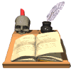 Animated sequence of a skull, inkwell, and quill above an open book on a wooden desk, showing page-turning motion.