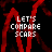 Red and black pixelated animation with white text reading 'LET'S COMPARE SCARS' and 'I'LL TELL YOU WHOSE IS HORSE' in a of