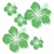 Five green pixelated flower icons with white centers arranged on a plain background, varying in size from small to large.