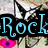 Pixelated icon with blue text 'Rock' on black background, white butterfly above, pink flower below left.