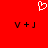 Red background with white pixelated heart at top center, two identical black 'V+J' text pairs below in lower half.