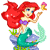 A red-haired mermaid with a purple top and green tail holds a golden seashell, sitting on a blue rock with green seaweed and light blue water splashes.