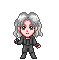 Pixel art character with silver hair and black outfit in multiple poses showing facial expressions and arm positions against gray background.