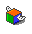 Pixelated cube with green, blue, and orange faces; white pixel shapes rotate around its sides on a gray background.