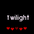 Pixelated text 'Twilight' above red heart symbols on black background, with heart positions shifting between frames.