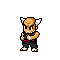 Pixel art character with brown skin, white horns, black outfit with red belt, white gloves, and white shoes in nine sequential poses showing hand and arm movements.