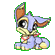 Pixelated cartoon animal with light purple body, brown inner ears, and yellow accents sits facing left on gray background.