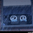 Two light blue cartoon eyes with black pupils and white highlights on a dark blue background, resembling a digital display.