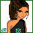 Pixel art icon set featuring a woman with brown hair and green eyes, wearing a black one-shoulder top with teal accents, paired with text variations of 'CHIEA' in