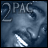 Pixelated static image of a stylized face with text overlay on dark blue background, featuring prominent '2PAC' lettering and a bright white streak across the lower portion.