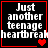 Four identical black square with red borders display white pixelated text reading "Just another teenage heartbreak" and red heart symbols, with animation showing heart symbols changing from single to double to double to single