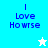 Pixelated text 'I Love Howise' on blue and white backgrounds with a white star icon in the top-right and a cyan star icon in the bottom-right.