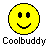 A contact sheet of seven pixelated yellow smiley face icons arranged in a 3x3 grid with one empty space, each displaying different facial expressions and labeled "Coolbuddy" below.