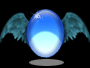 Animated contact sheet showing four frames of a blue egg-shaped icon with teal wings floating above gray shadows on black backgrounds.