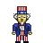 Pixel art of Uncle Sam in a blue jacket, red-and-white striped pants, and a top hat with red-and-white stripes and blue stars, standing against a gray background.