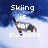 Pixelated image of a person skiing with text overlays, blue sky and snow background.