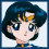 Pixelated anime-style character with short dark blue hair, golden crescent headpiece, and blue sailor uniform with heart emblem.