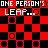 A 4-frame animated contact sheet showing a red and black checkered background with white text reading "ONE PERSON'S LEAP... MAYBE ANOTHER'S FALL." across four identical frames, each containing small square and circular shapes in the same positions.