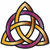 Three identical Celtic knot symbols arranged in a with the bottom-right empty, each featuring interwoven golden and purple bands on a white background