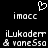 Pixelated black background with white text and a heart symbol, displaying 'imacc' above two lines of stylized names.