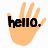 A pixelated hand with five fingers displays the text 'hello.' in bold black letters across its palm, shown in three variations against a white background.