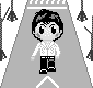 Pixel art animation of two characters on a path with trees, showing sequential changes in pose and interaction.