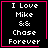 Four identical black square with pink borders display white pixelated text reading "I Love Mike && Chase Forever"; two include a small pink heart symbol and one includes a small pink starburst symbol