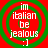Four identical circular icons with green concentric rings on red background, each containing white text 'in italian be jealous :]'.