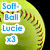 A pixelated green softball with red stitching and four blue text labels reading 'Soft-', 'Ball', 'Lucie', and 'x3' on a white background.