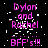 Animated text displays 'Dylan and Rachel BFF's!!!' in pink with white pixel noise on black background, transitioning to gray rectangle.