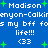 Blue background with white pixelated text reading "Madison Canyon-Calkin is my bff fos my bff for life!!! <33" and green plus signs scattered throughout.